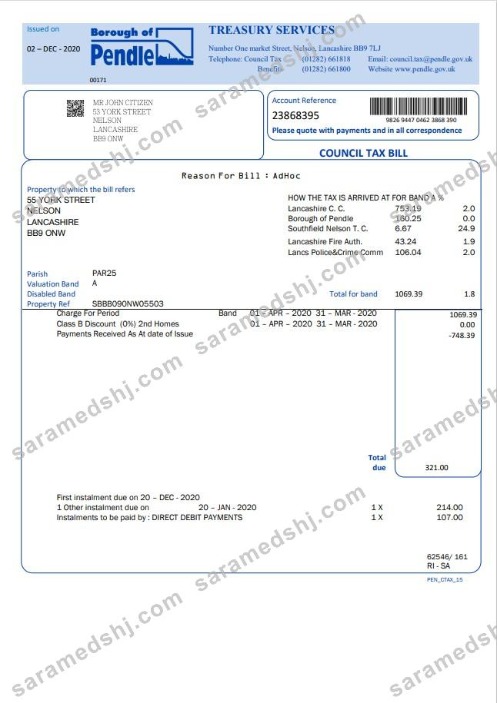 United Kingdom Borough of Pendle council tax bill template in Word and PDF format